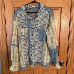 Blue Velvet Patchwork Button-Up Shirt. Size L